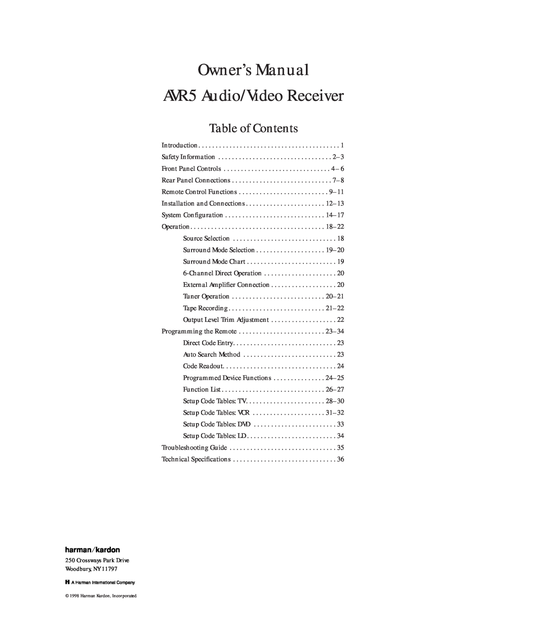 Harman-Kardon AVR5 owner manual Table of Contents 