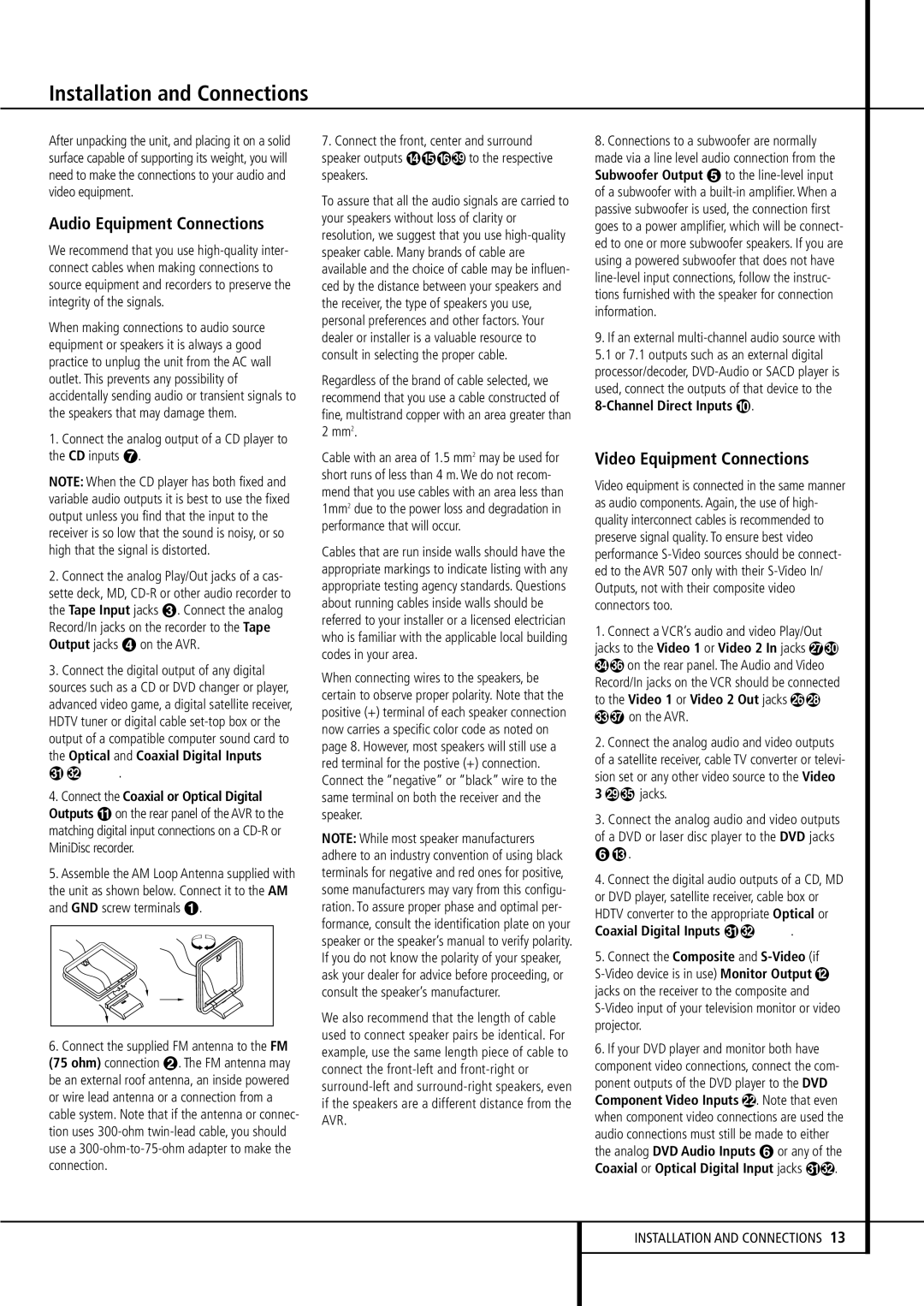 Harman-Kardon AVR507 owner manual Installation and Connections, Audio Equipment Connections, Video Equipment Connections 