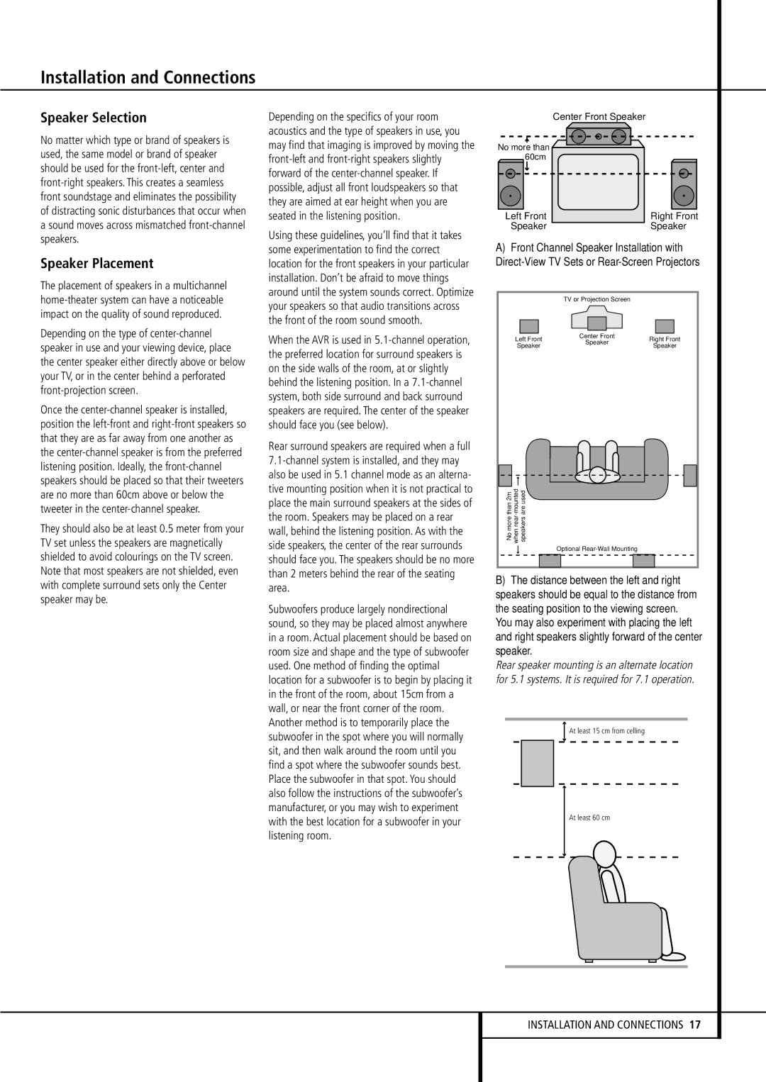 Harman-Kardon AVR507 owner manual Speaker Selection, Speaker Placement 