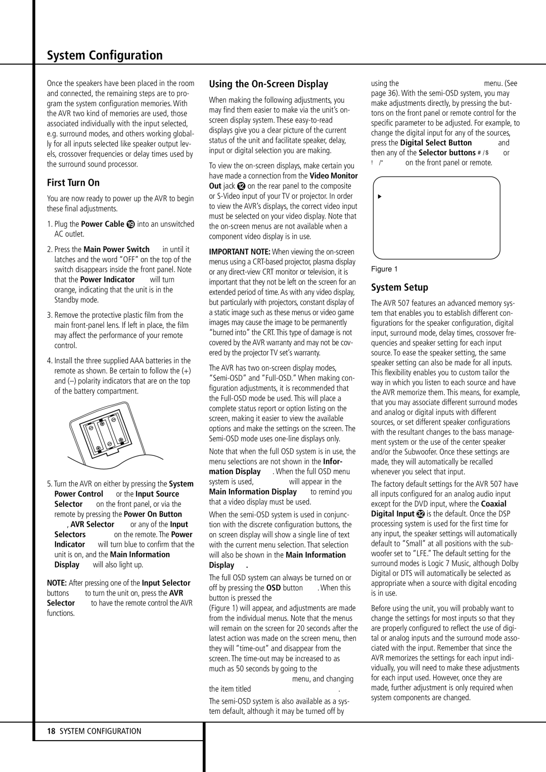 Harman-Kardon AVR507 owner manual System Configuration, First Turn On, Using the On-Screen Display, System Setup, Display ˜ 