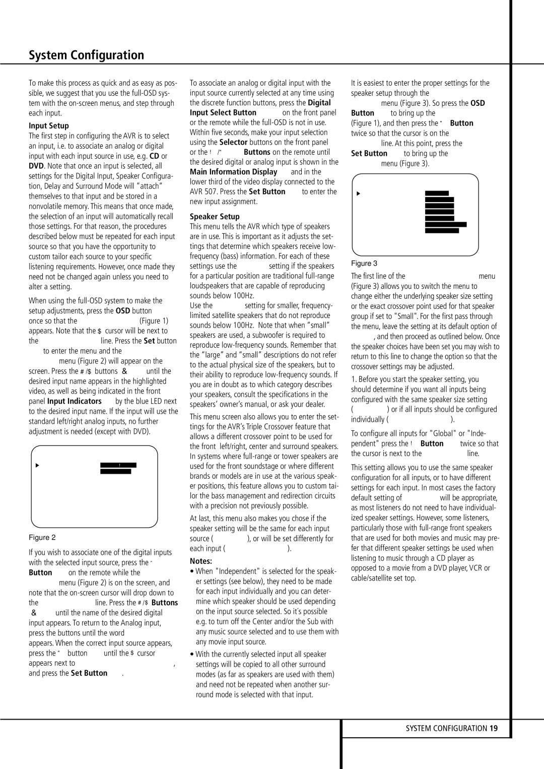 Harman-Kardon AVR507 owner manual Input Setup, Set Button Fto bring up the Speaker Setup menu Figure 