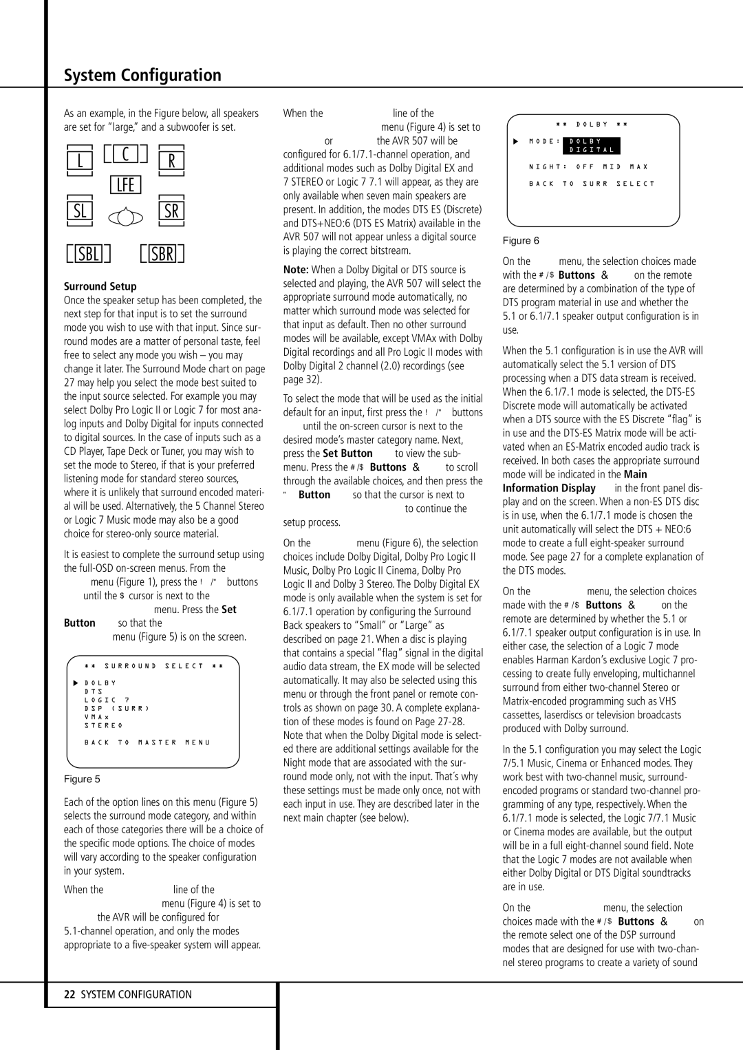 Harman-Kardon AVR507 owner manual Surround Setup, ¤ Button Dso that the cursor is next to 