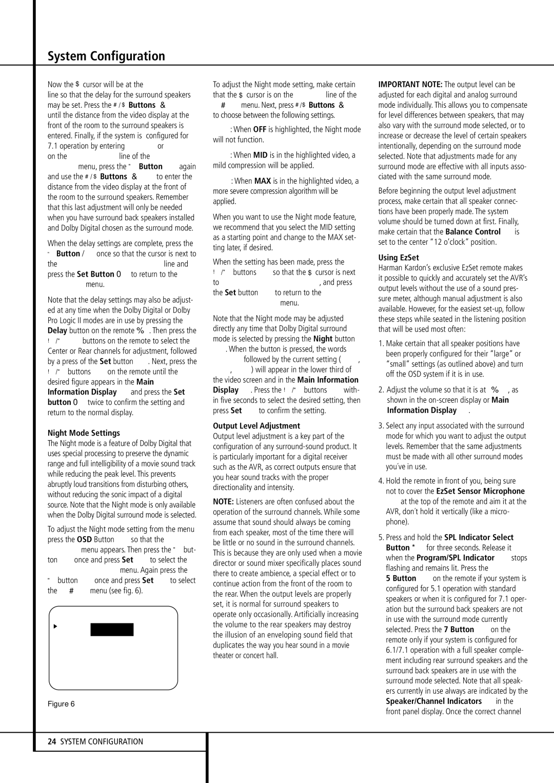 Harman-Kardon AVR507 owner manual Night Mode Settings, Output Level Adjustment, Using EzSet, Information Display ˜, Button 