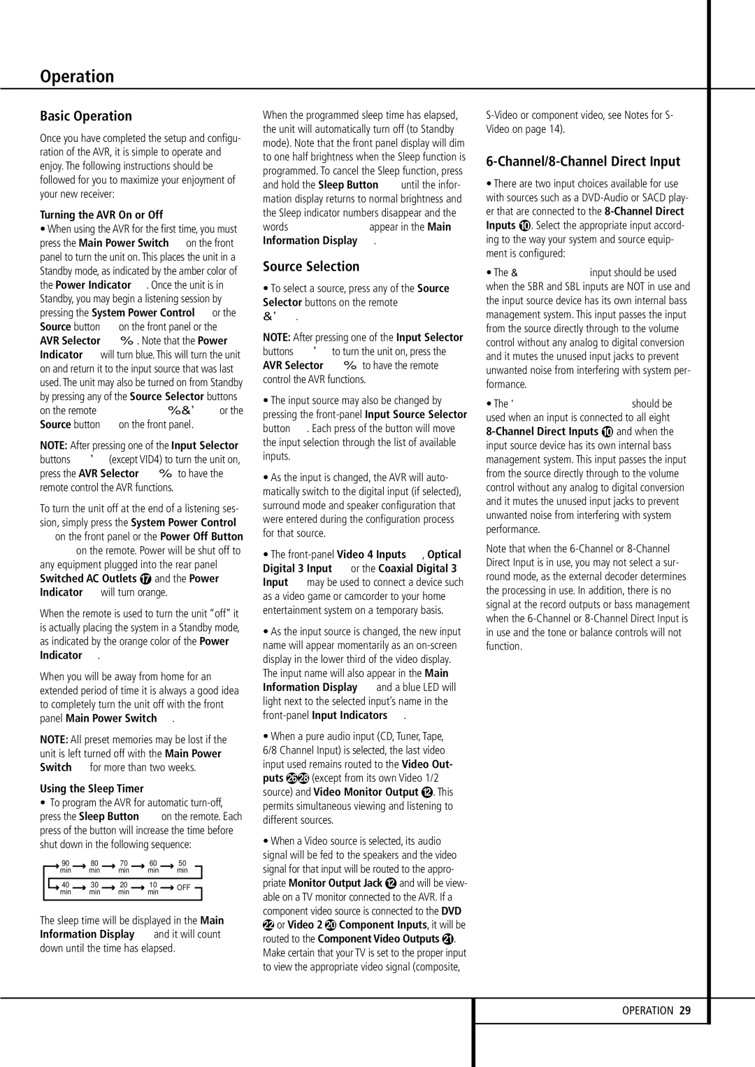 Harman-Kardon AVR507 owner manual Basic Operation, Source Selection, Channel/8-Channel Direct Input 