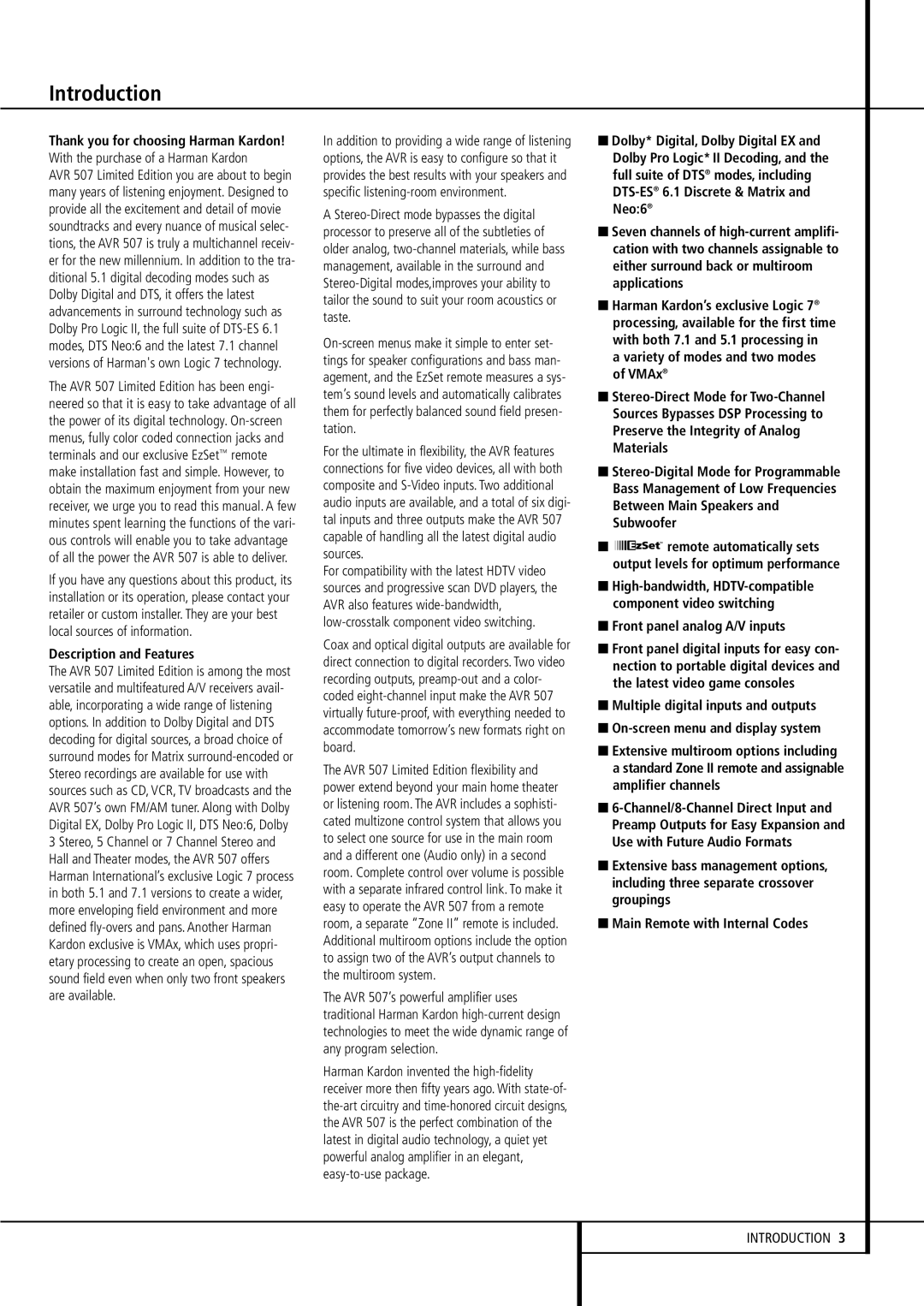 Harman-Kardon AVR507 owner manual Introduction, Description and Features, Front panel analog A/V inputs 