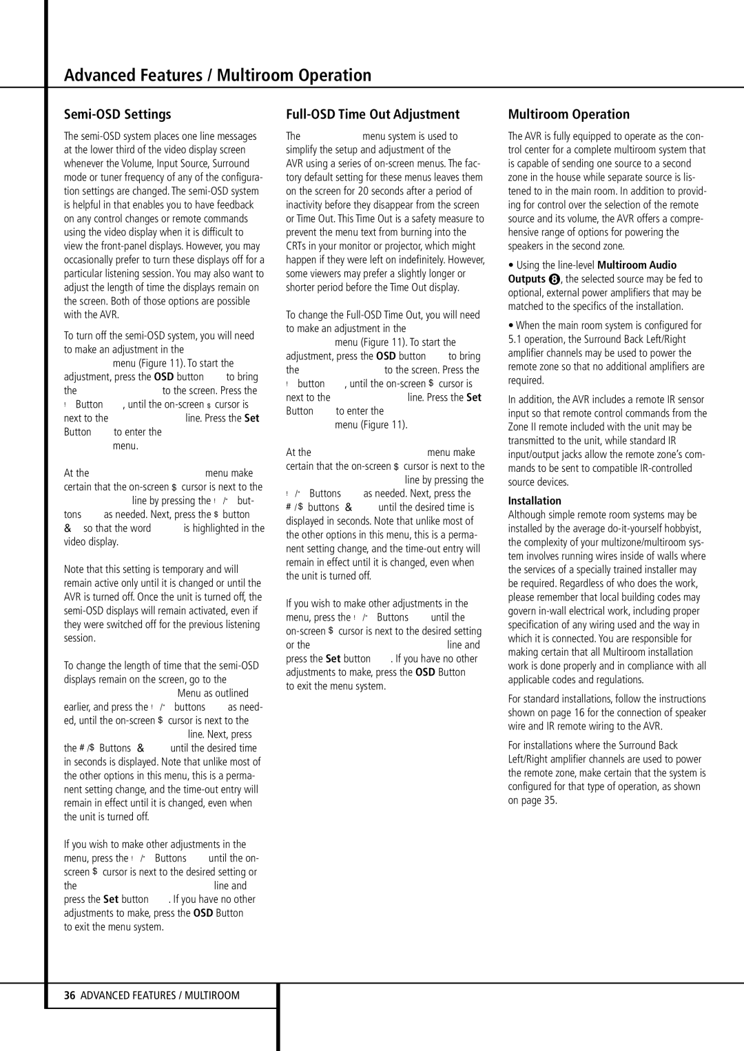 Harman-Kardon AVR507 owner manual Advanced Features / Multiroom Operation, Semi-OSD Settings, Full-OSD Time Out Adjustment 