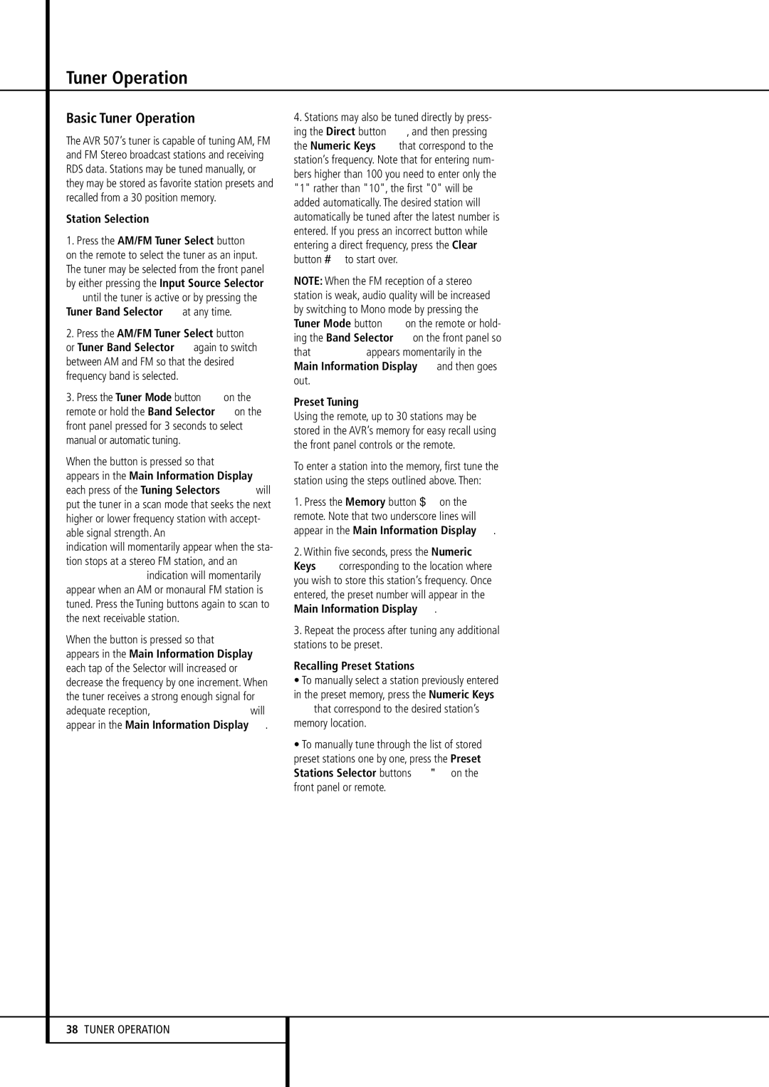 Harman-Kardon AVR507 owner manual Basic Tuner Operation 