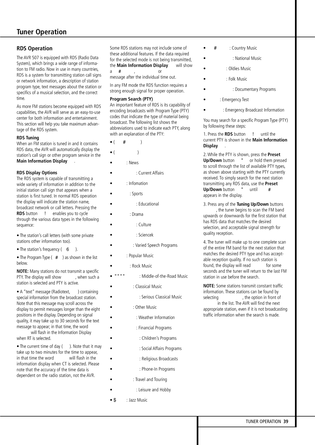 Harman-Kardon AVR507 owner manual RDS Operation, RDS Tuning, RDS Display Options, Program Search PTY 