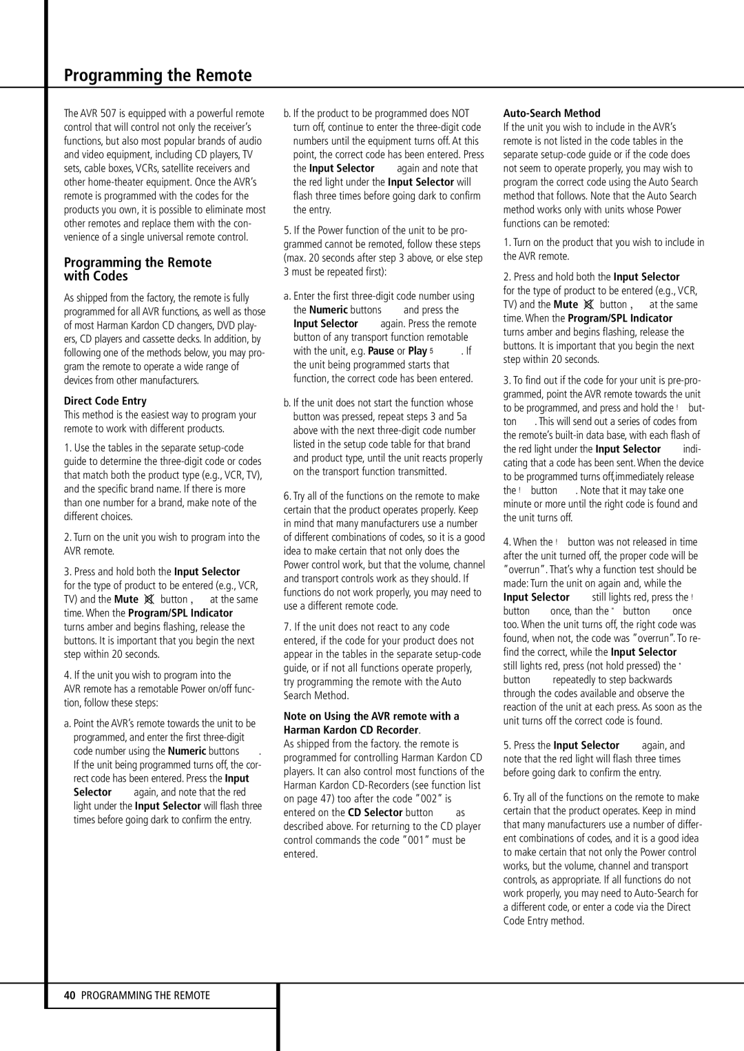 Harman-Kardon AVR507 Programming the Remote with Codes, Direct Code Entry, Must be repeated first, Auto-Search Method 