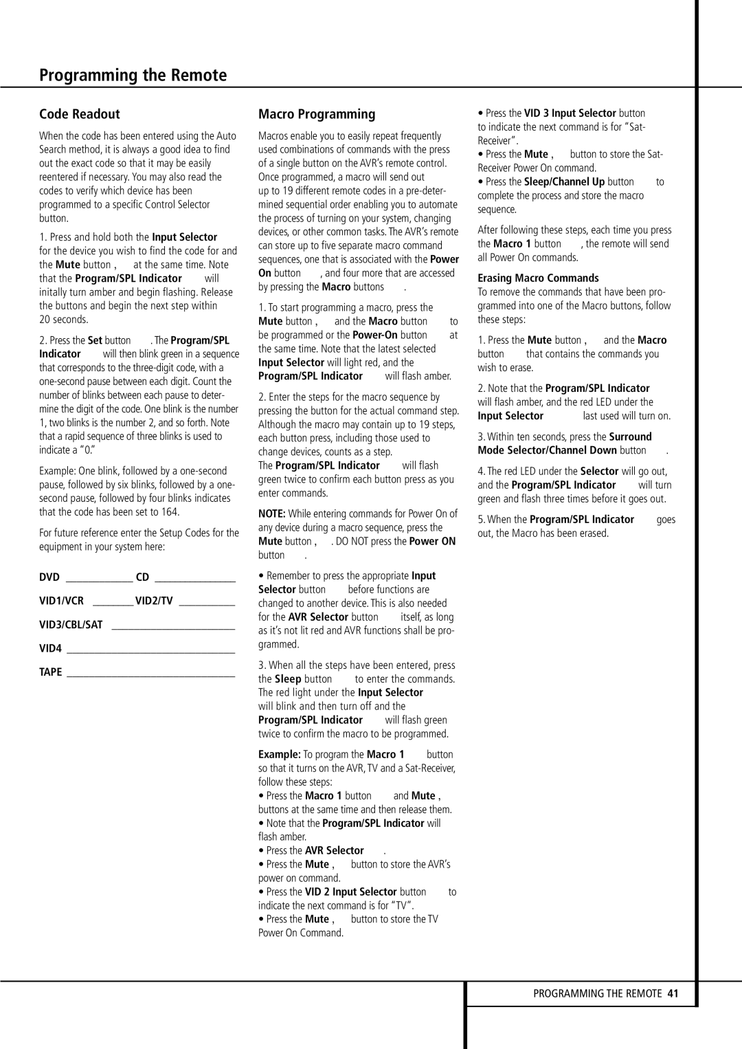 Harman-Kardon AVR507 owner manual Programming the Remote, Code Readout, Macro Programming 