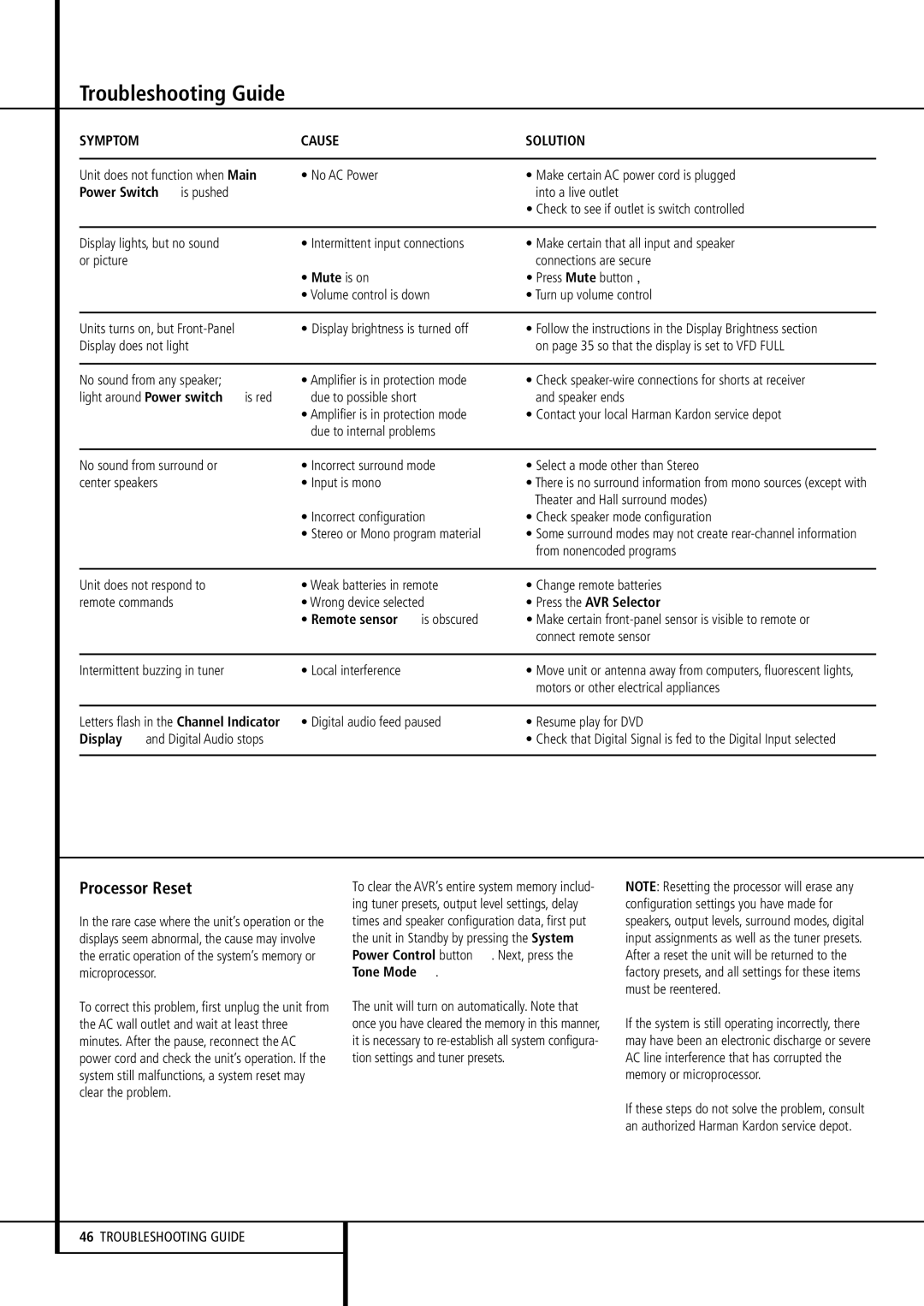 Harman-Kardon AVR507 Troubleshooting Guide, Processor Reset, Power Switch 1 is pushed, Remote sensor ¯ is obscured 