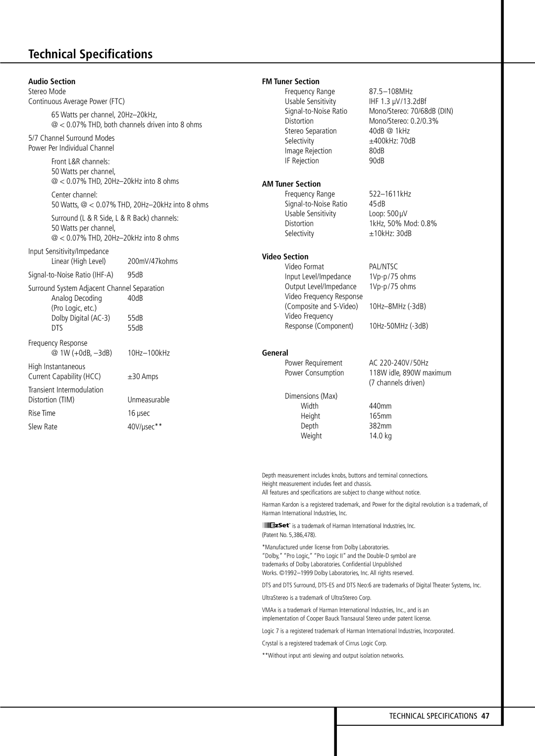 Harman-Kardon AVR507 owner manual Technical Specifications 