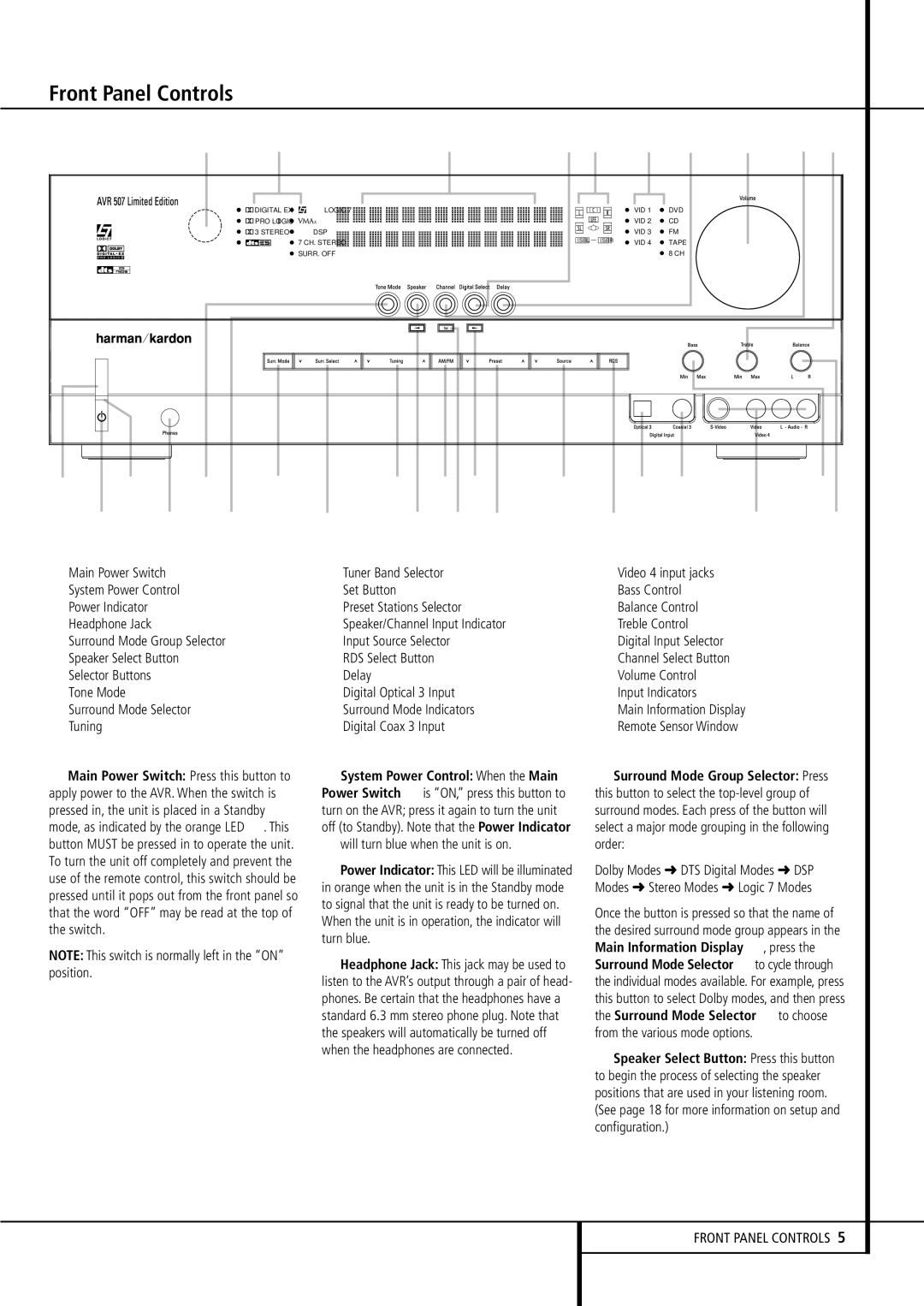 Harman-Kardon AVR507 owner manual Front Panel Controls 