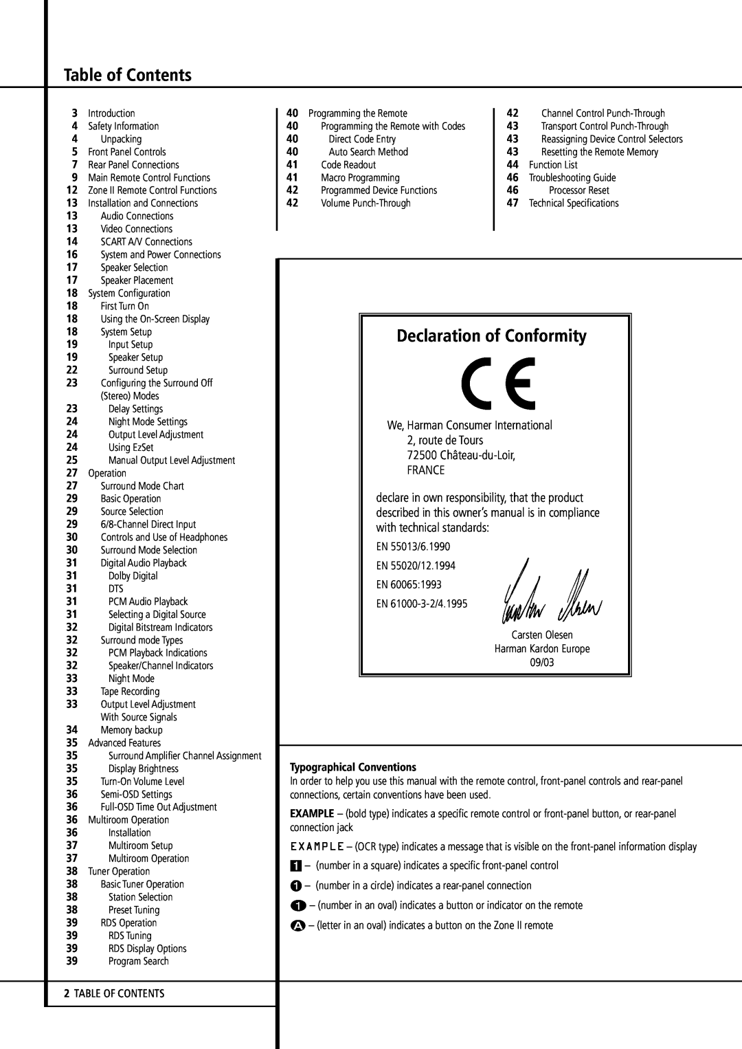 Harman-Kardon AVR507 owner manual Table of Contents, Declaration of Conformity, We, Harman Consumer International 