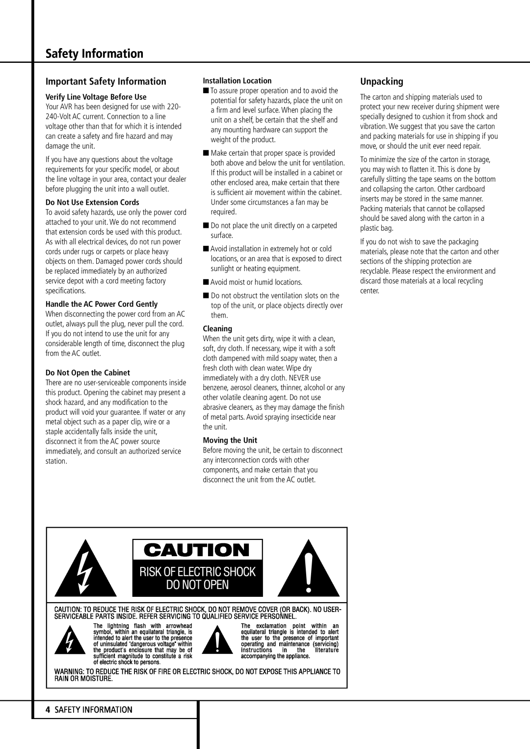 Harman-Kardon AVR507 Important Safety Information, Unpacking, 4SAFETY INFORMATION, Verify Line Voltage Before Use 
