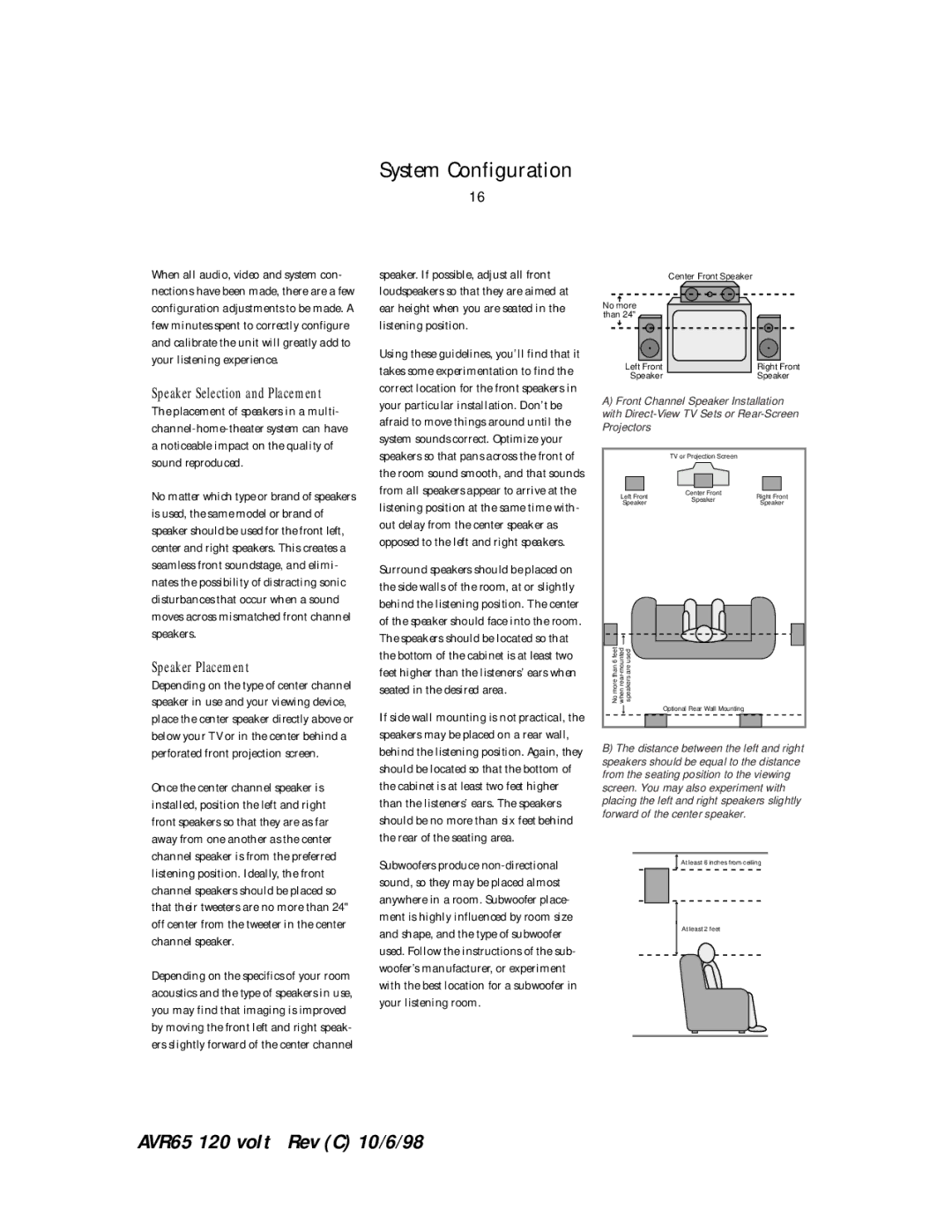 Harman-Kardon AVR65 manual System Configuration, Speaker Placement 