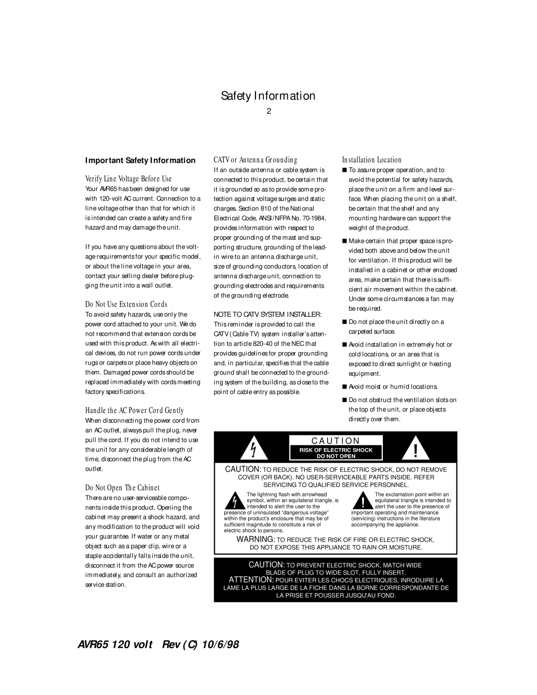 Harman-Kardon AVR65 manual Important Safety Information 