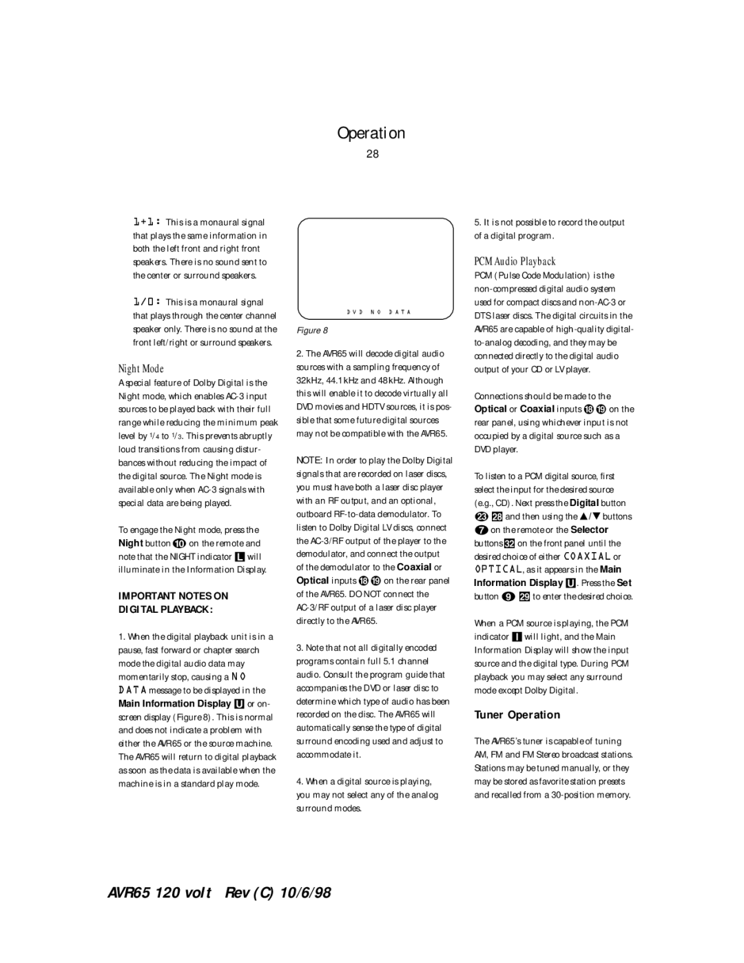 Harman-Kardon AVR65 manual Tuner Operation, Night Mode, PCM Audio Playback 