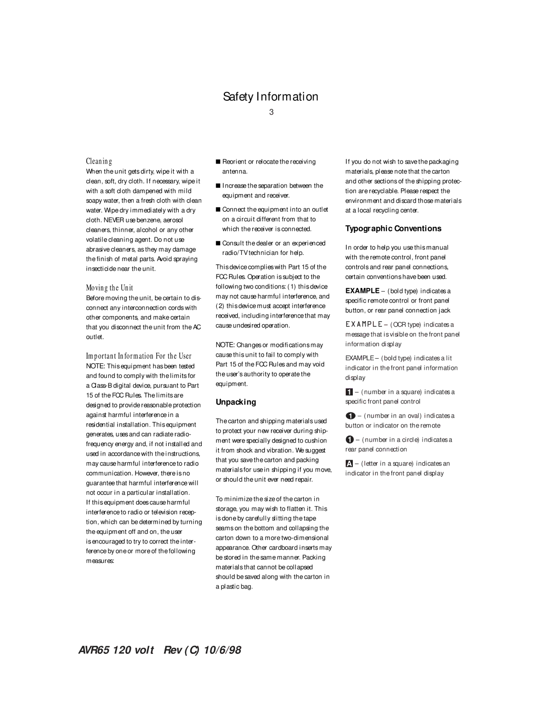 Harman-Kardon AVR65 manual Unpacking, Typographic Conventions, Cleaning, Moving the Unit 