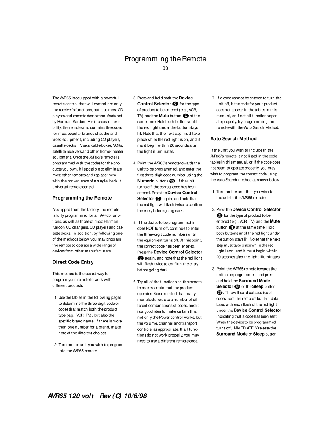 Harman-Kardon AVR65 manual Programming the Remote, Direct Code Entry, Auto Search Method 