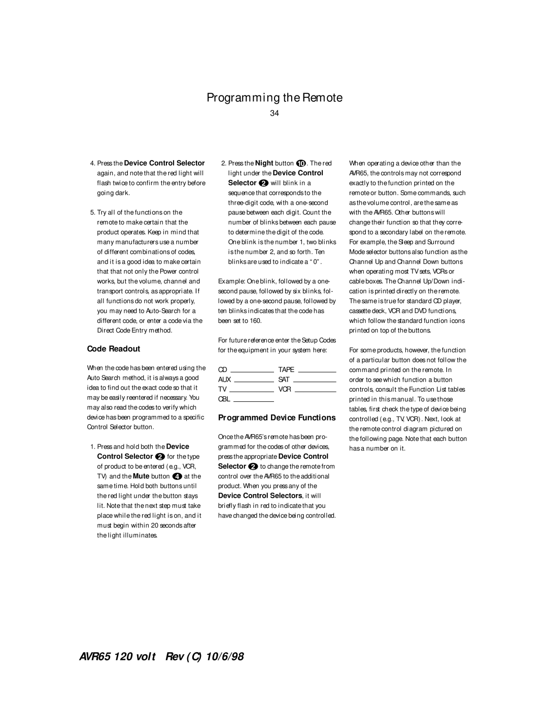 Harman-Kardon AVR65 manual Code Readout, Programmed Device Functions 