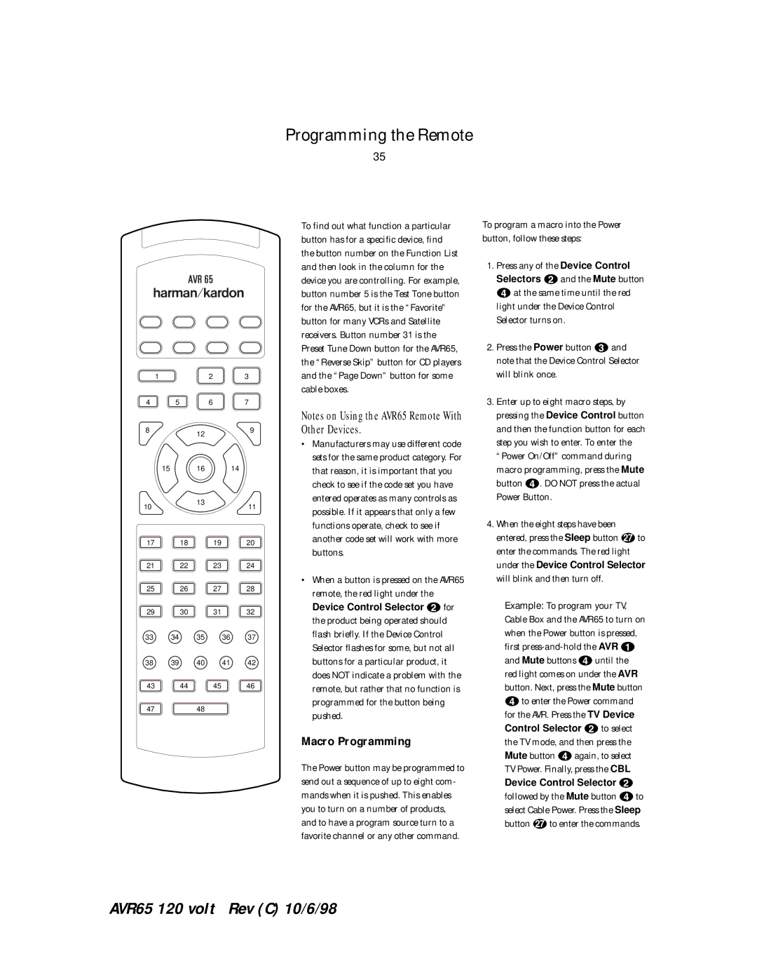 Harman-Kardon AVR65 manual Macro Programming, Device Control Selector bfor 