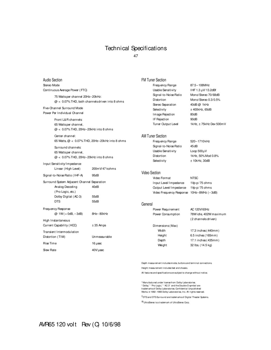 Harman-Kardon AVR65 manual Technical Specifications 