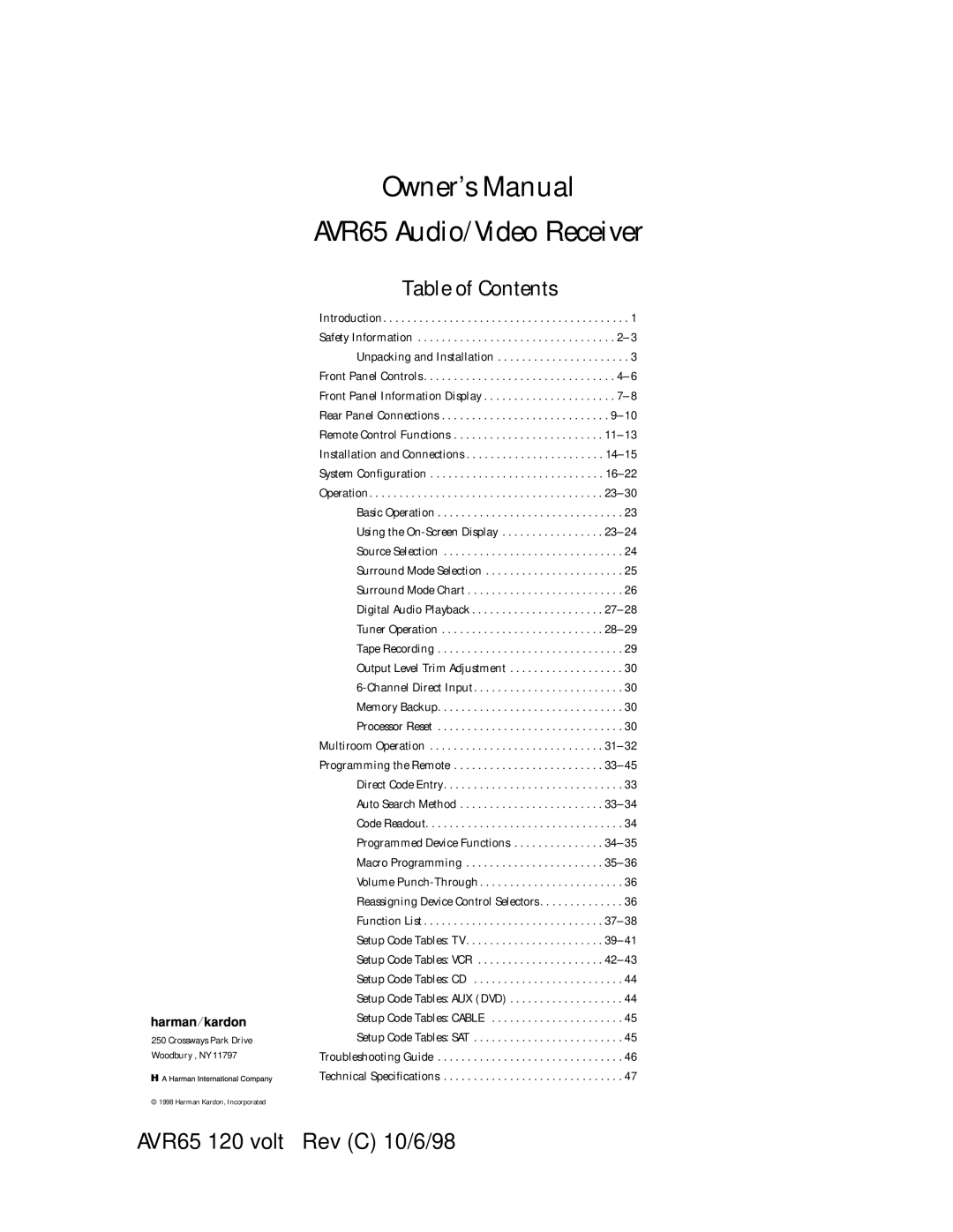 Harman-Kardon manual AVR65 Audio/Video Receiver, Table of Contents 