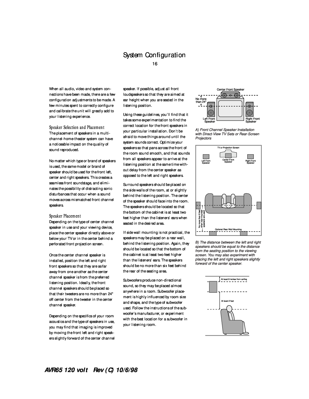 Harman-Kardon manual System Configuration, Speaker Placement, AVR65 120 volt Rev C 10/6/98 
