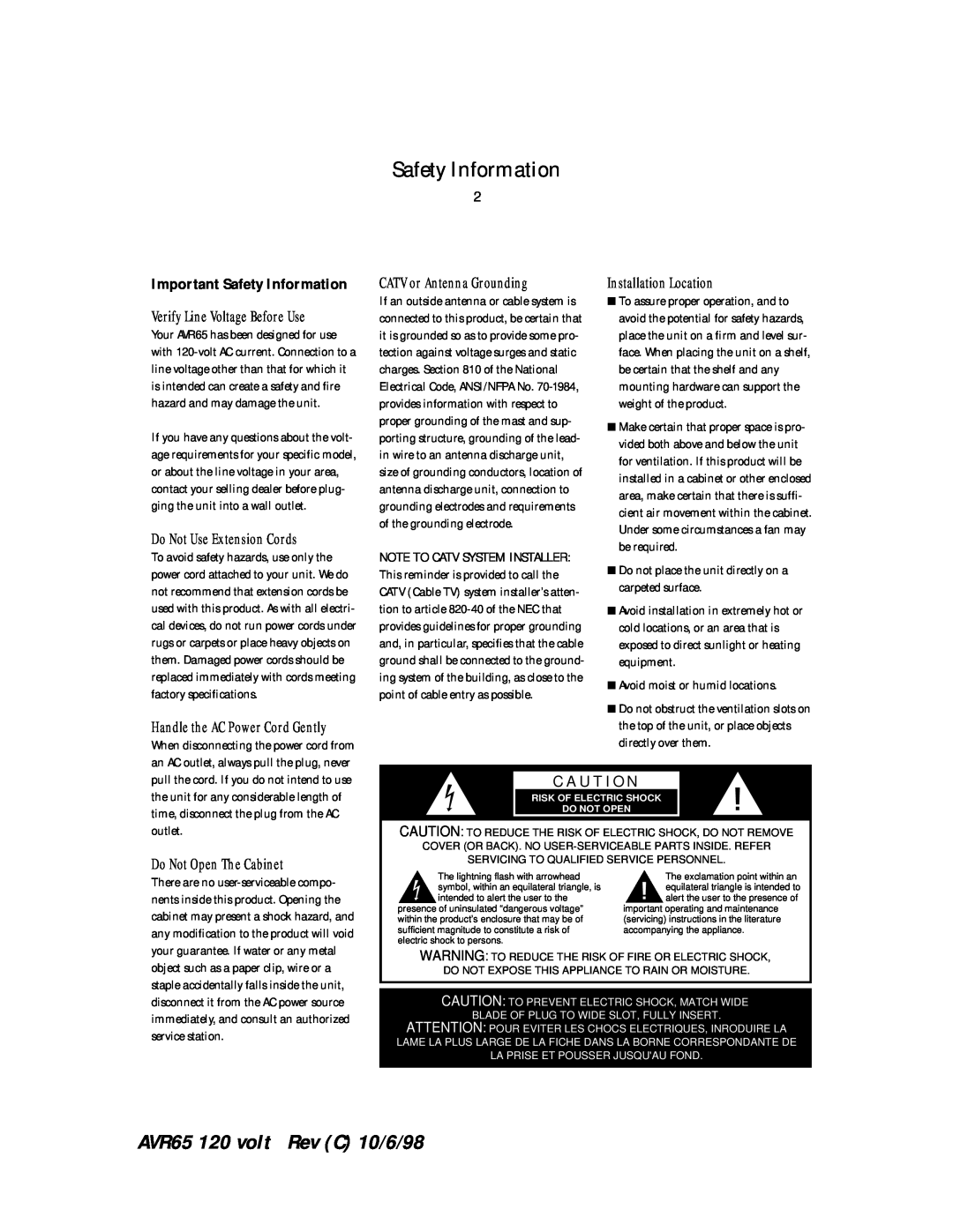 Harman-Kardon AVR65 manual Important Safety Information, Verify Line Voltage Before Use, Do Not Use Extension Cords 