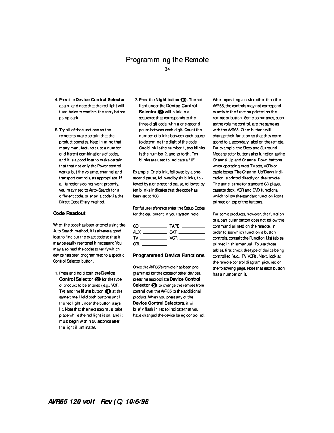 Harman-Kardon manual Code Readout, Programmed Device Functions, Programming the Remote, AVR65 120 volt Rev C 10/6/98 