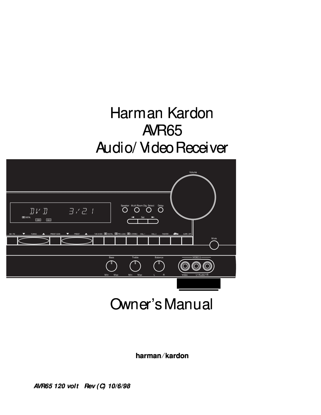 Harman-Kardon manual Harman Kardon AVR65 Audio/VideoReceiver, AVR65 120 volt Rev C 10/6/98, Digital, Coax, AC-3 