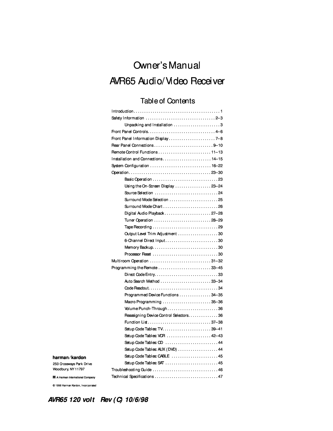 Harman-Kardon manual Table of Contents, AVR65 120 volt Rev C 10/6/98 