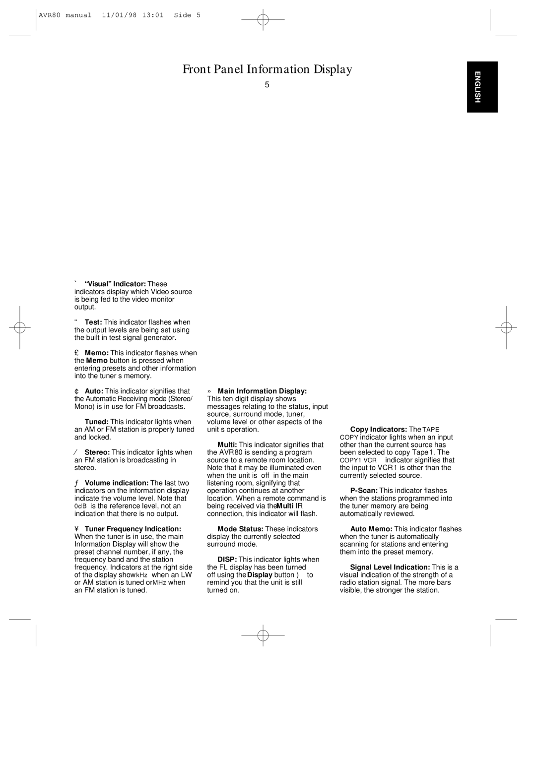 Harman-Kardon AVR80 owner manual Front Panel Information Display 