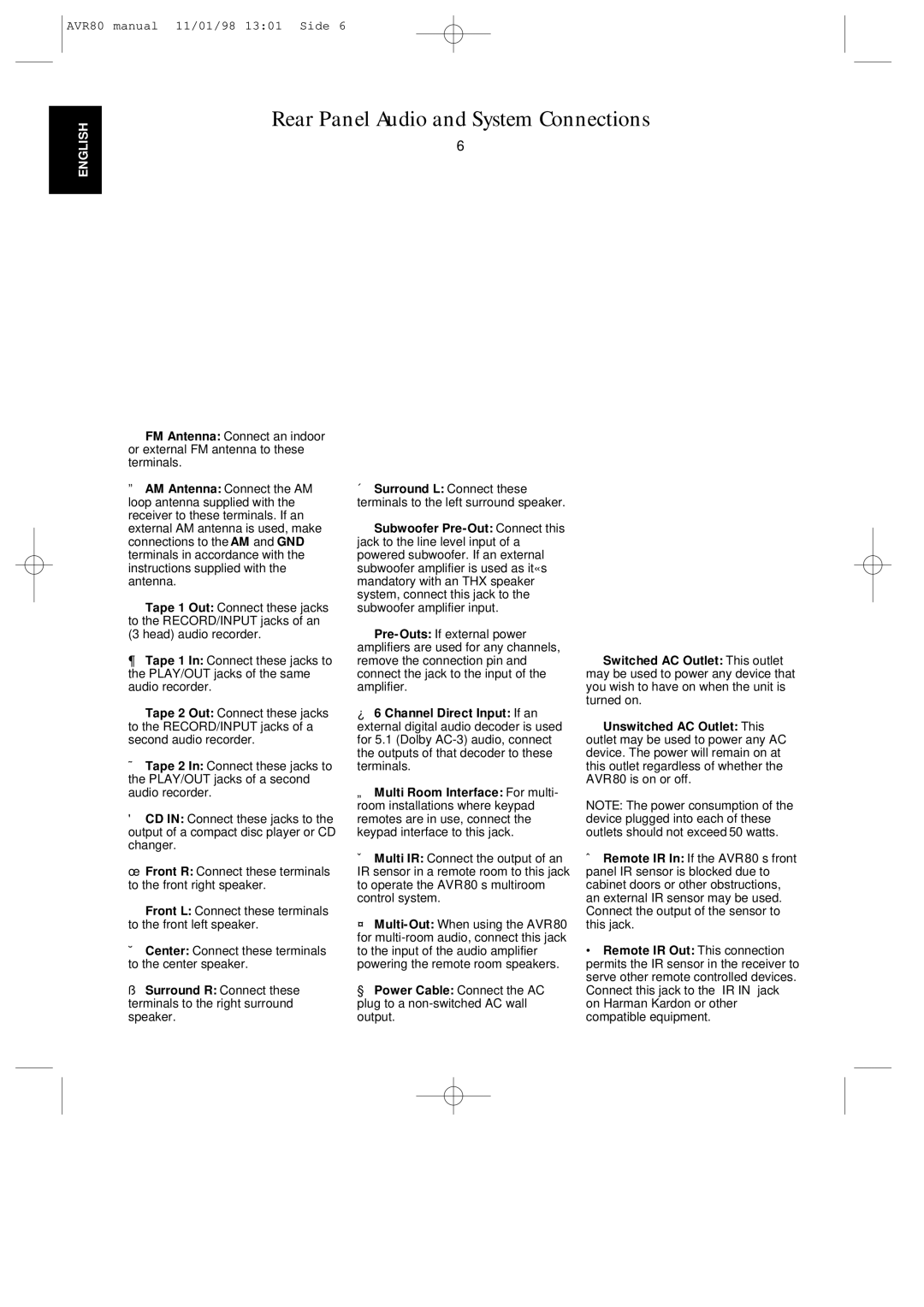 Harman-Kardon AVR80 owner manual Rear Panel Audio and System Connections 