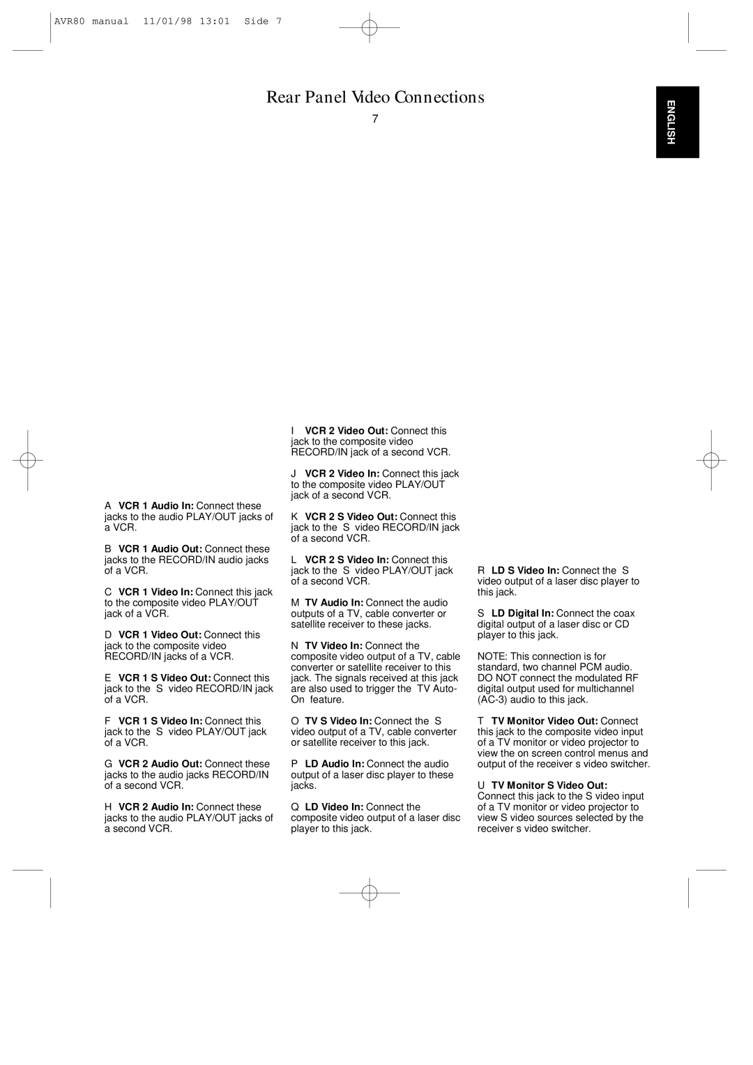 Harman-Kardon AVR80 owner manual Rear Panel Video Connections 