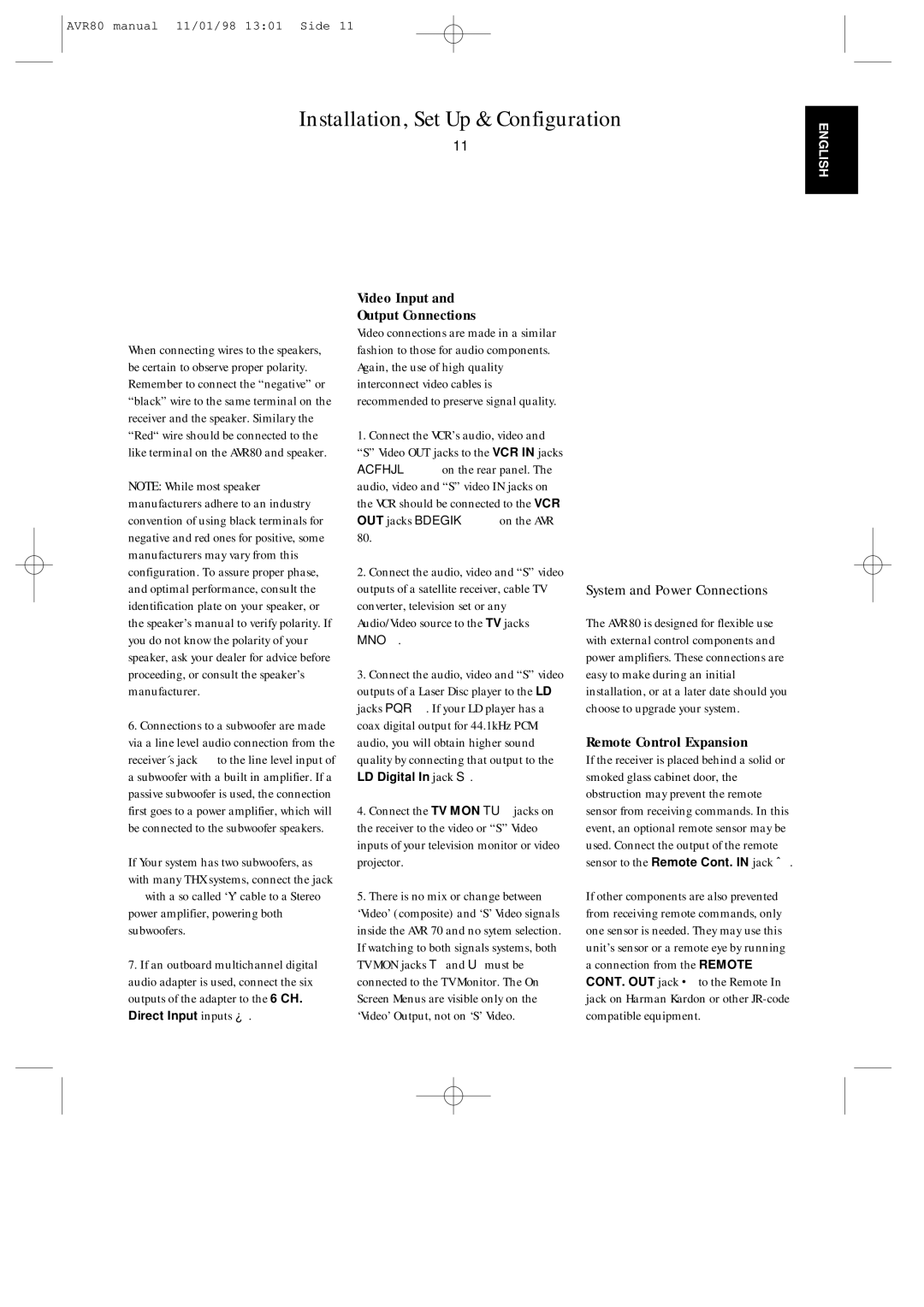 Harman-Kardon AVR80 owner manual System and Power Connections, Video Input Output Connections, Remote Control Expansion 