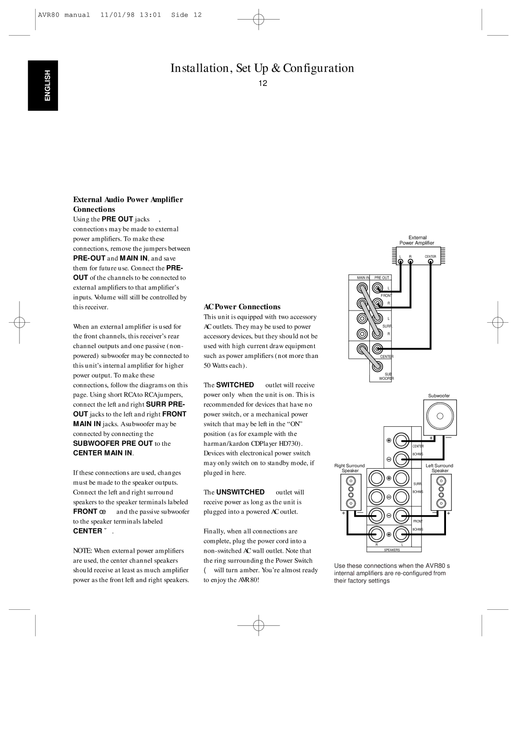 Harman-Kardon AVR80 owner manual External Audio Power Amplifier Connections, AC Power Connections 