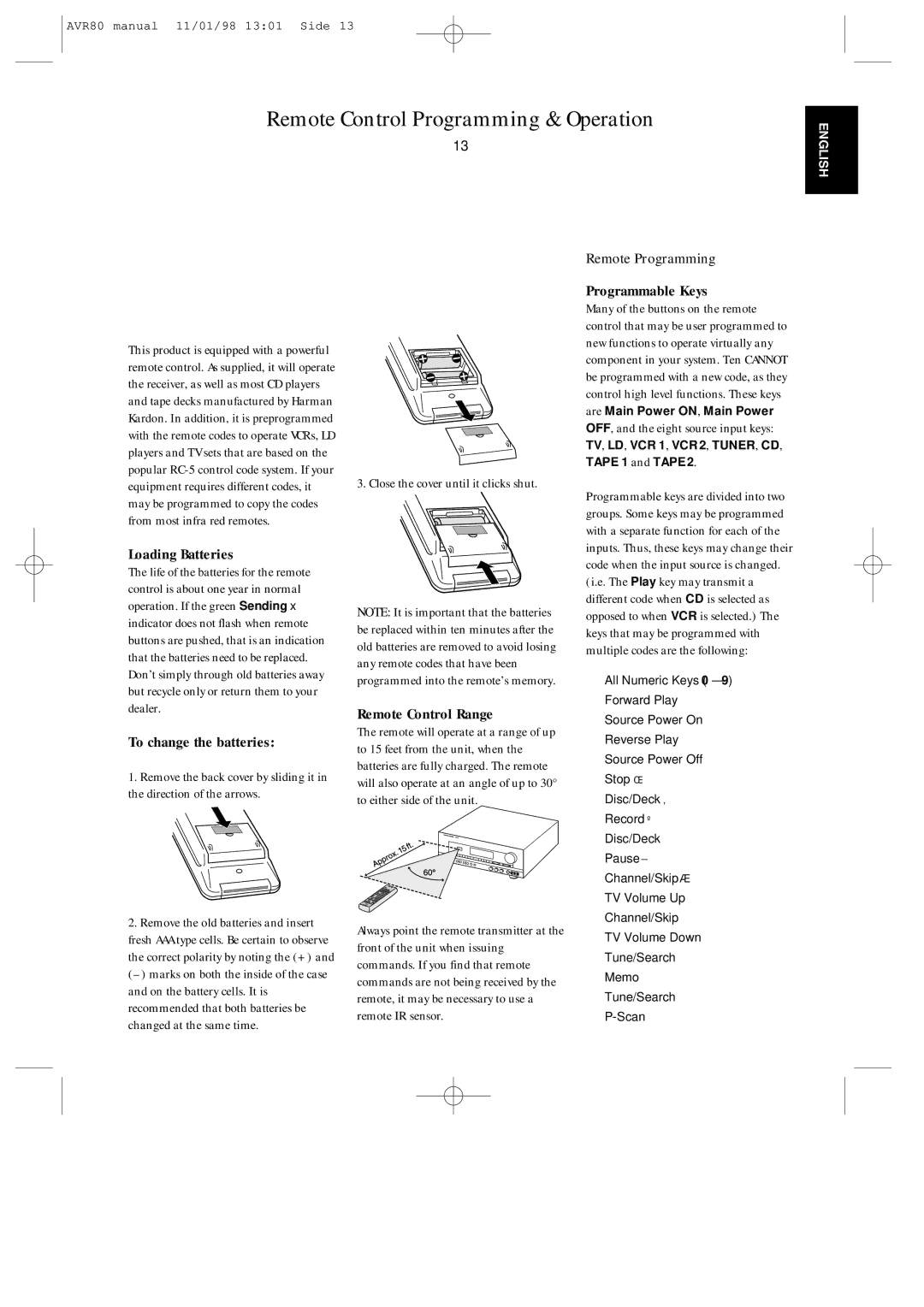 Harman-Kardon AVR80 owner manual Remote Control Programming & Operation, Remote Programming 