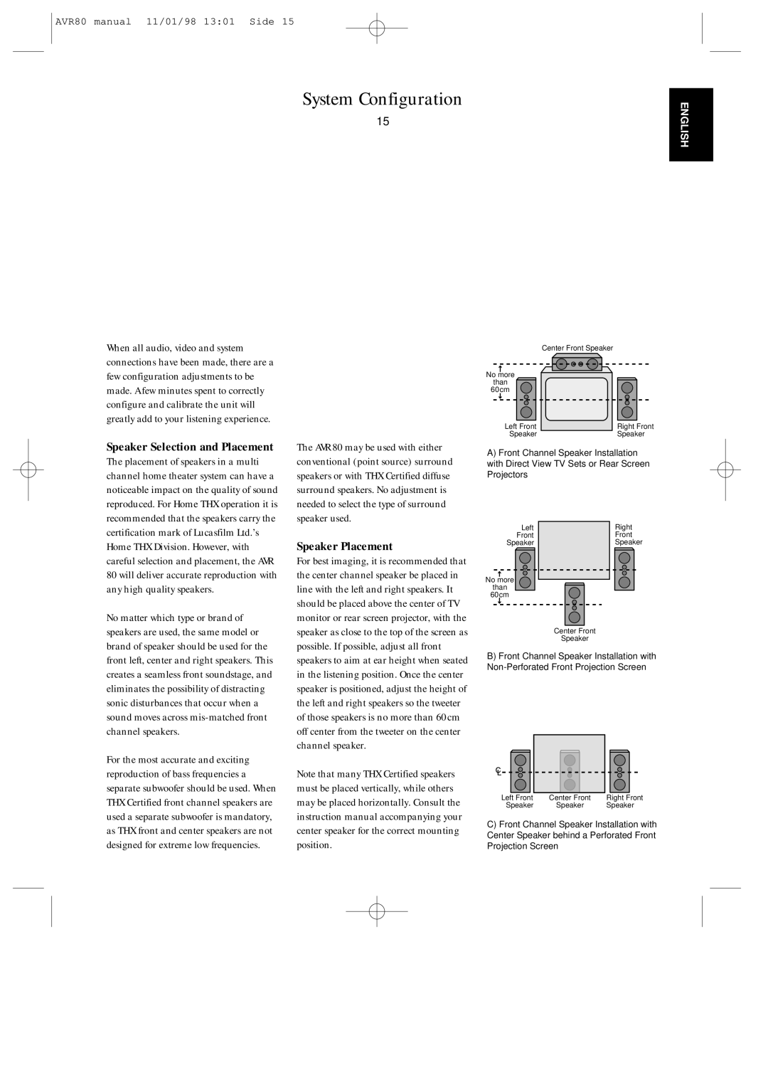 Harman-Kardon AVR80 owner manual System Configuration, Speaker Placement 