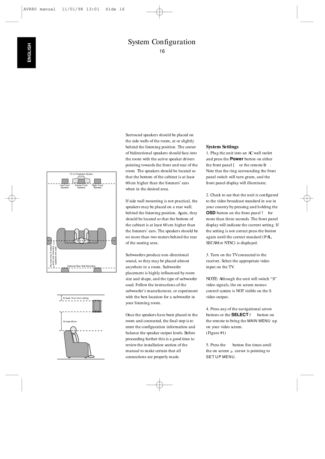 Harman-Kardon AVR80 owner manual System Settings, Figure #1 