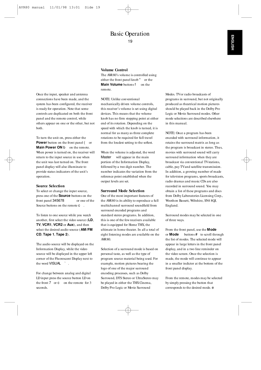 Harman-Kardon AVR80 owner manual Basic Operation, Source Selection, Volume Control, Surround Mode Selection 