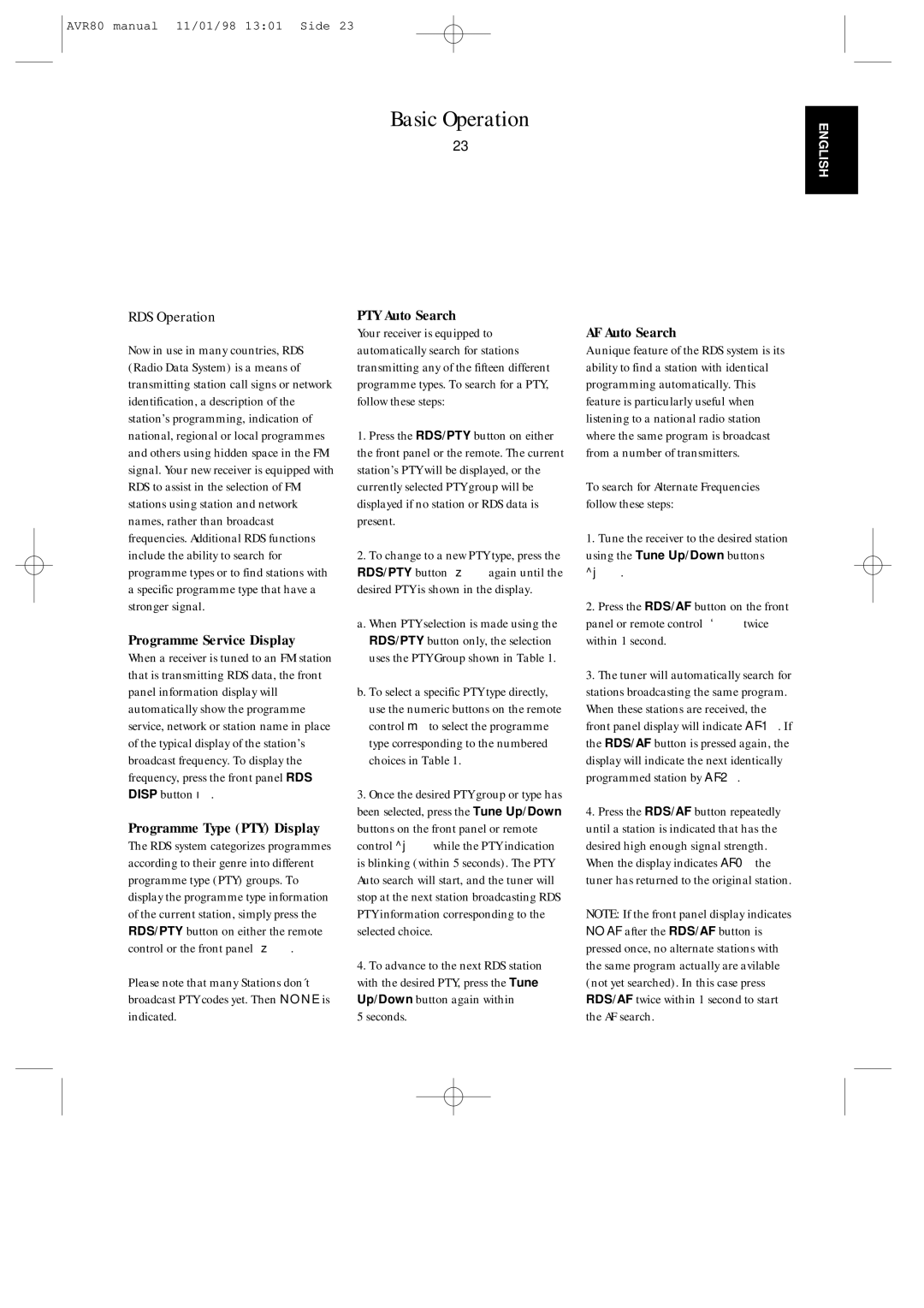 Harman-Kardon AVR80 owner manual RDS Operation, Programme Service Display, PTY Auto Search, Seconds, AF Auto Search 