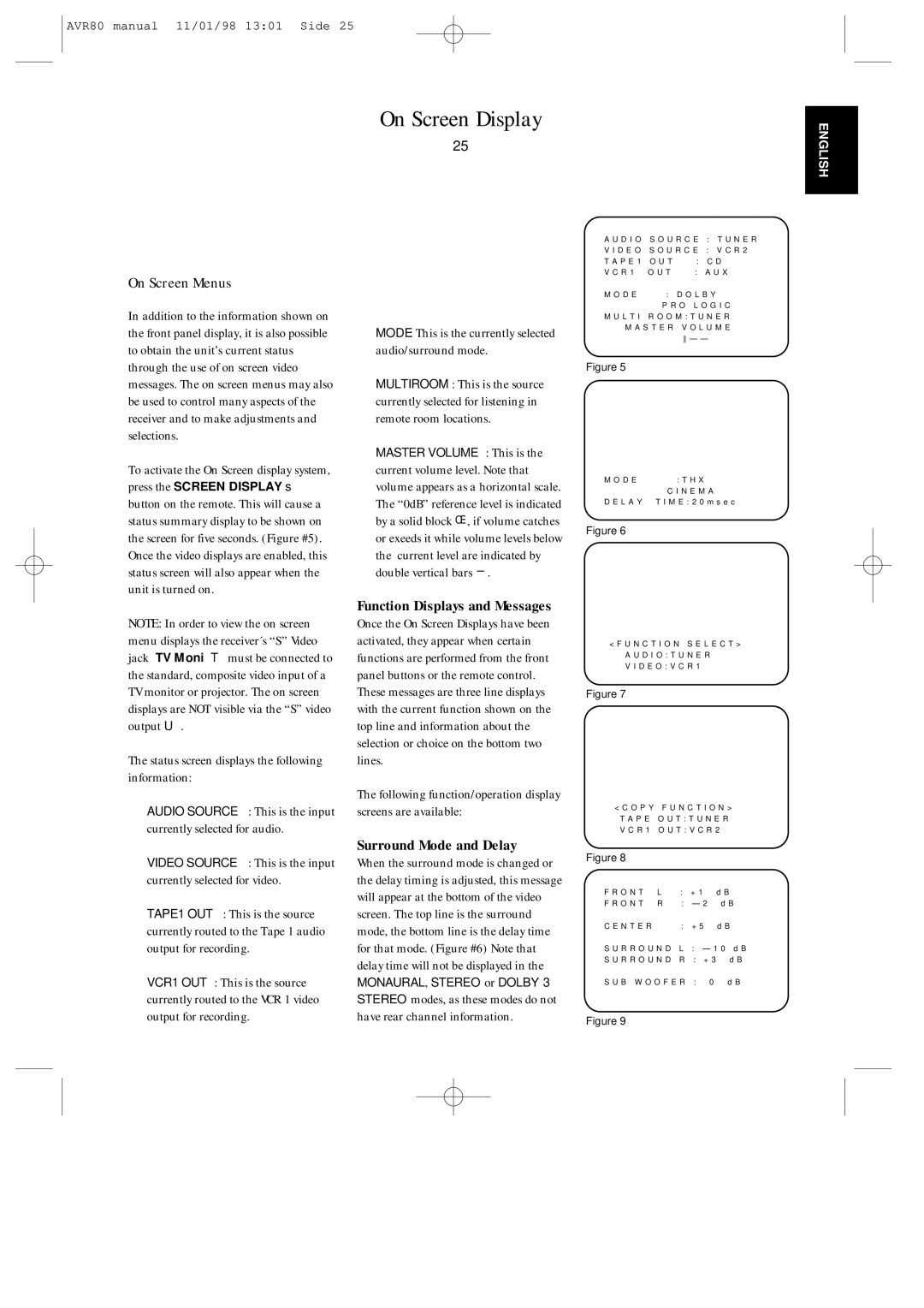 Harman-Kardon AVR80 owner manual On Screen Display, On Screen Menus, Status screen displays the following information 