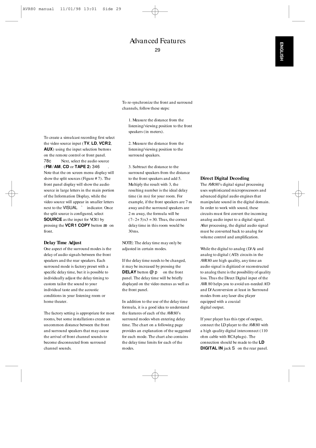 Harman-Kardon AVR80 owner manual Delay Time Adjust, Direct Digital Decoding, Digital output 