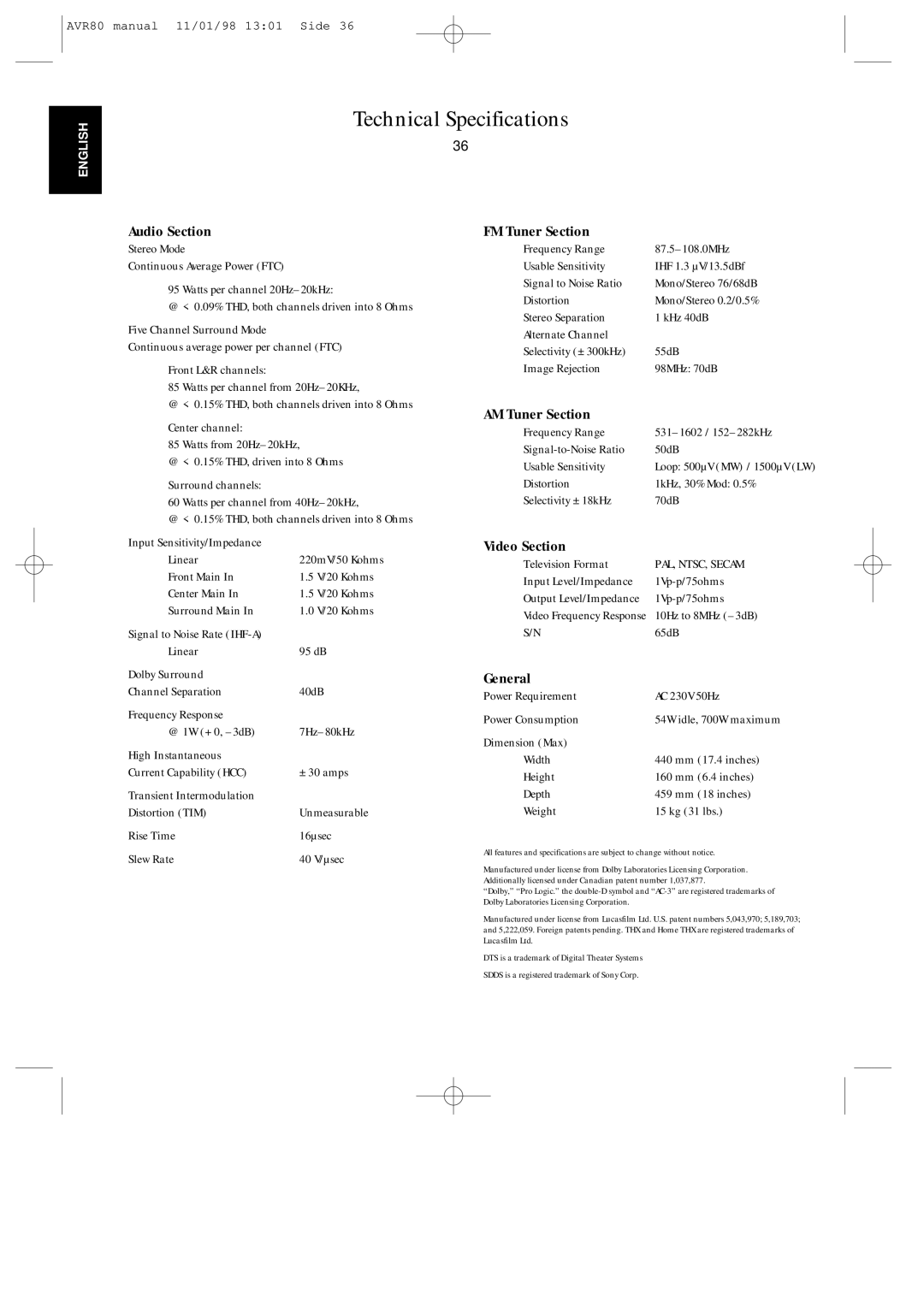 Harman-Kardon AVR80 owner manual Technical Specifications 