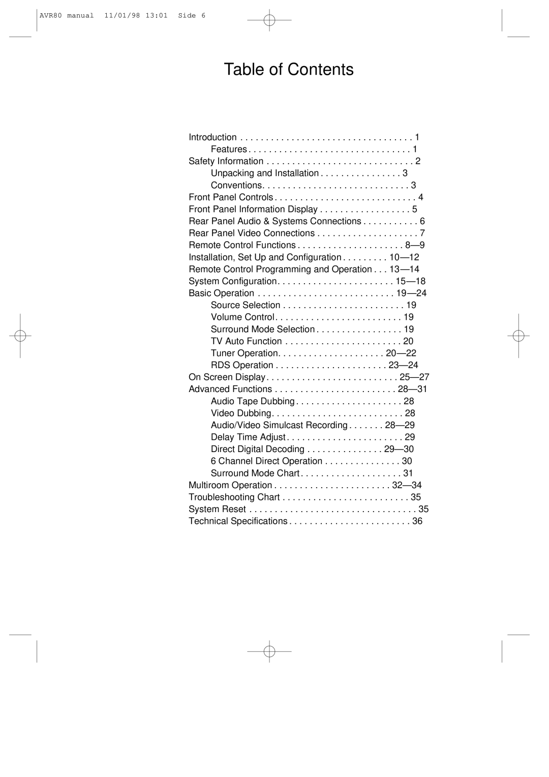 Harman-Kardon AVR80 owner manual Table of Contents 