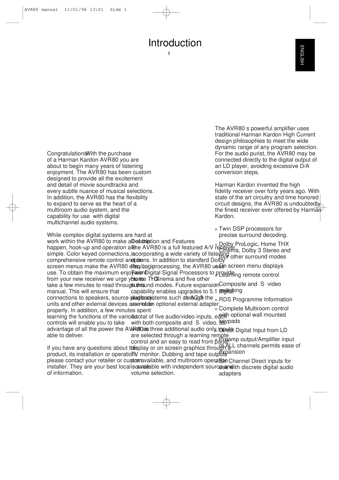 Harman-Kardon AVR80 owner manual Introduction, Description and Features, Twin DSP processors for precise surround decoding 