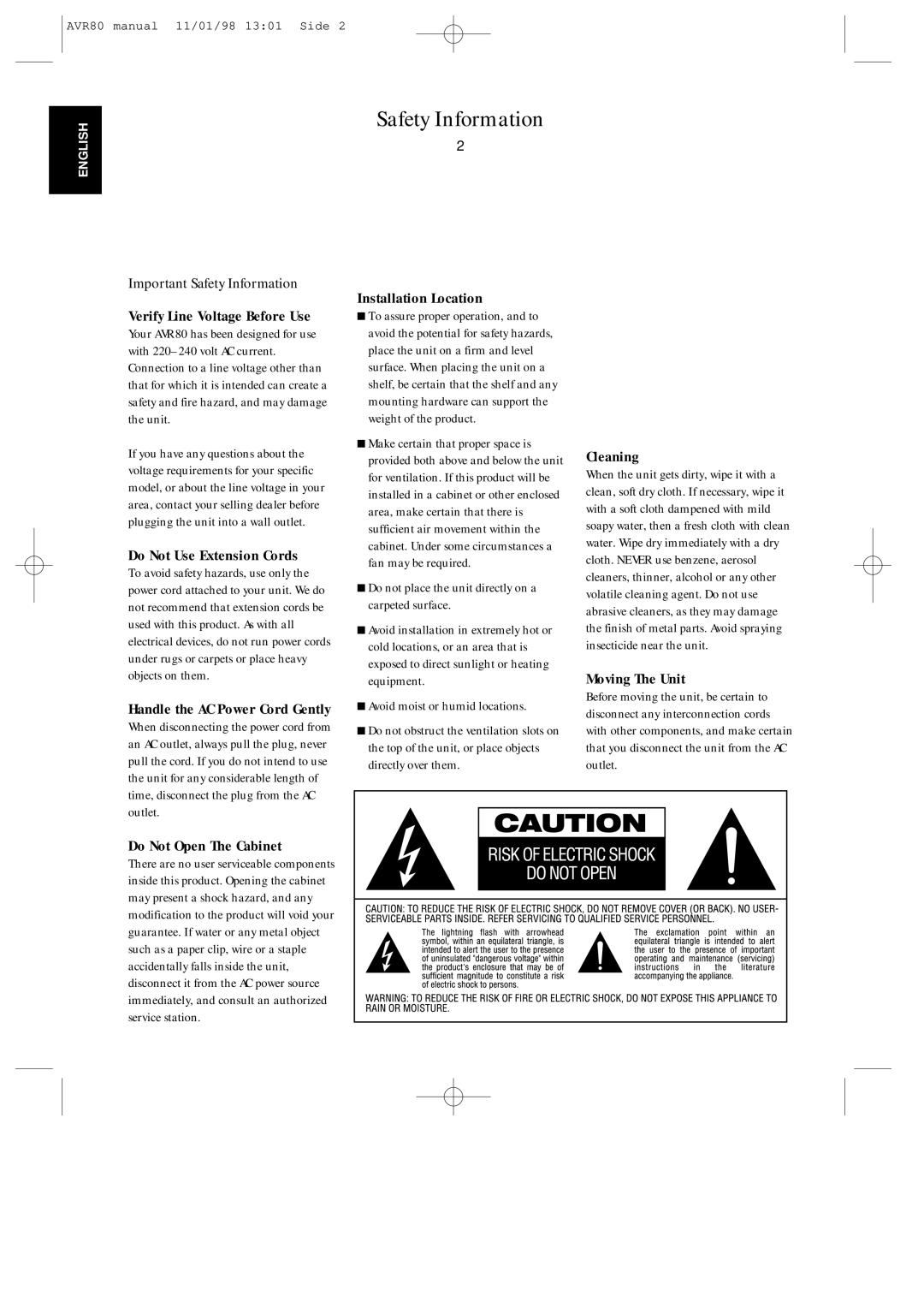 Harman-Kardon AVR80 owner manual Important Safety Information 