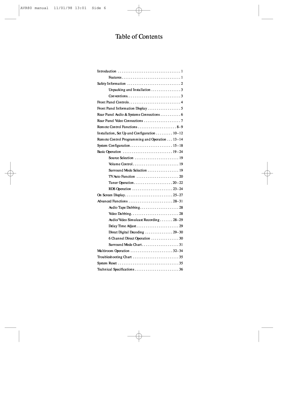 Harman-Kardon AVR80 owner manual Table of Contents 